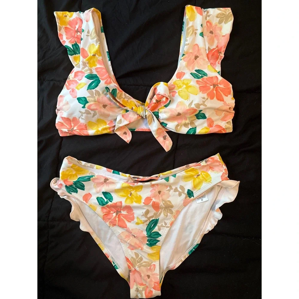 Time & Tru Peach Floral Cap Sleeve Hi Waisted‎ 2pc Swimsuit Bikini, Large